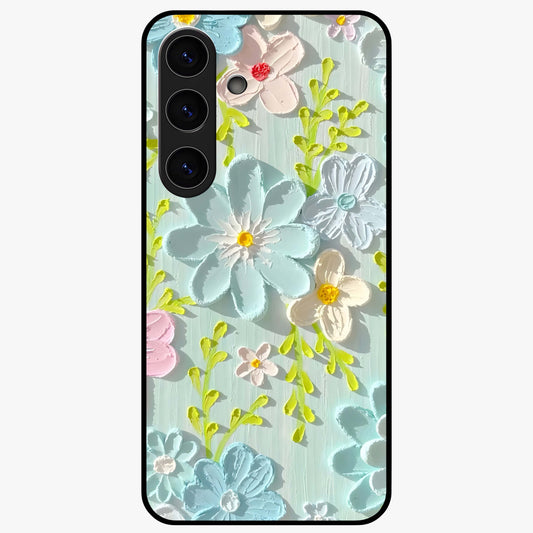Frosted Petal Garden Glass Case showing flat back view with soft frosted floral artwork and glossy glass finish.
