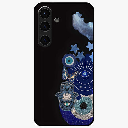Galactic Charm Cluster Glass Case showing flat back view with glowing celestial charm artwork and glossy glass finish.