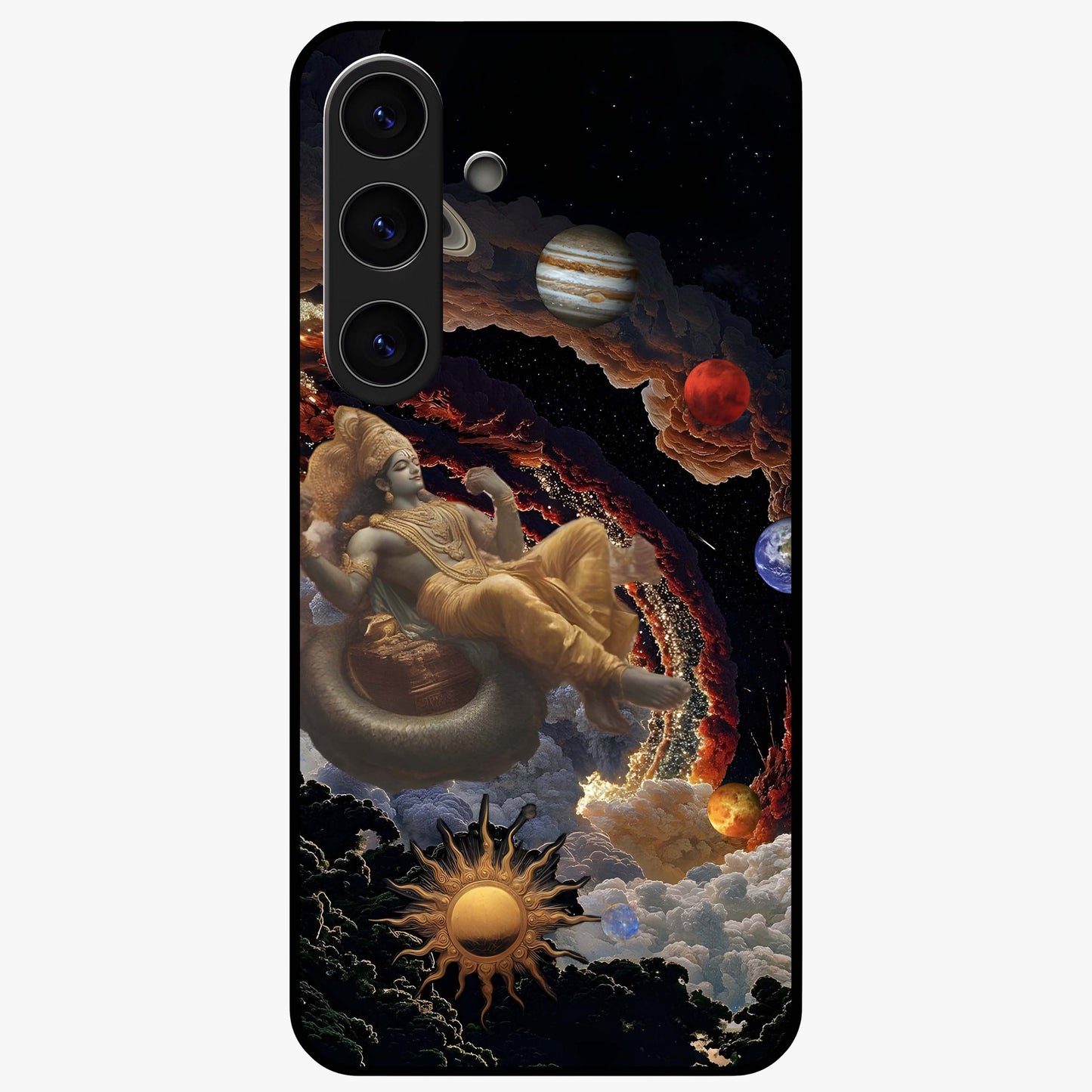 Galactic Divine God Glass Case showing flat back view with divine cosmic themed artwork and glossy glass finish.