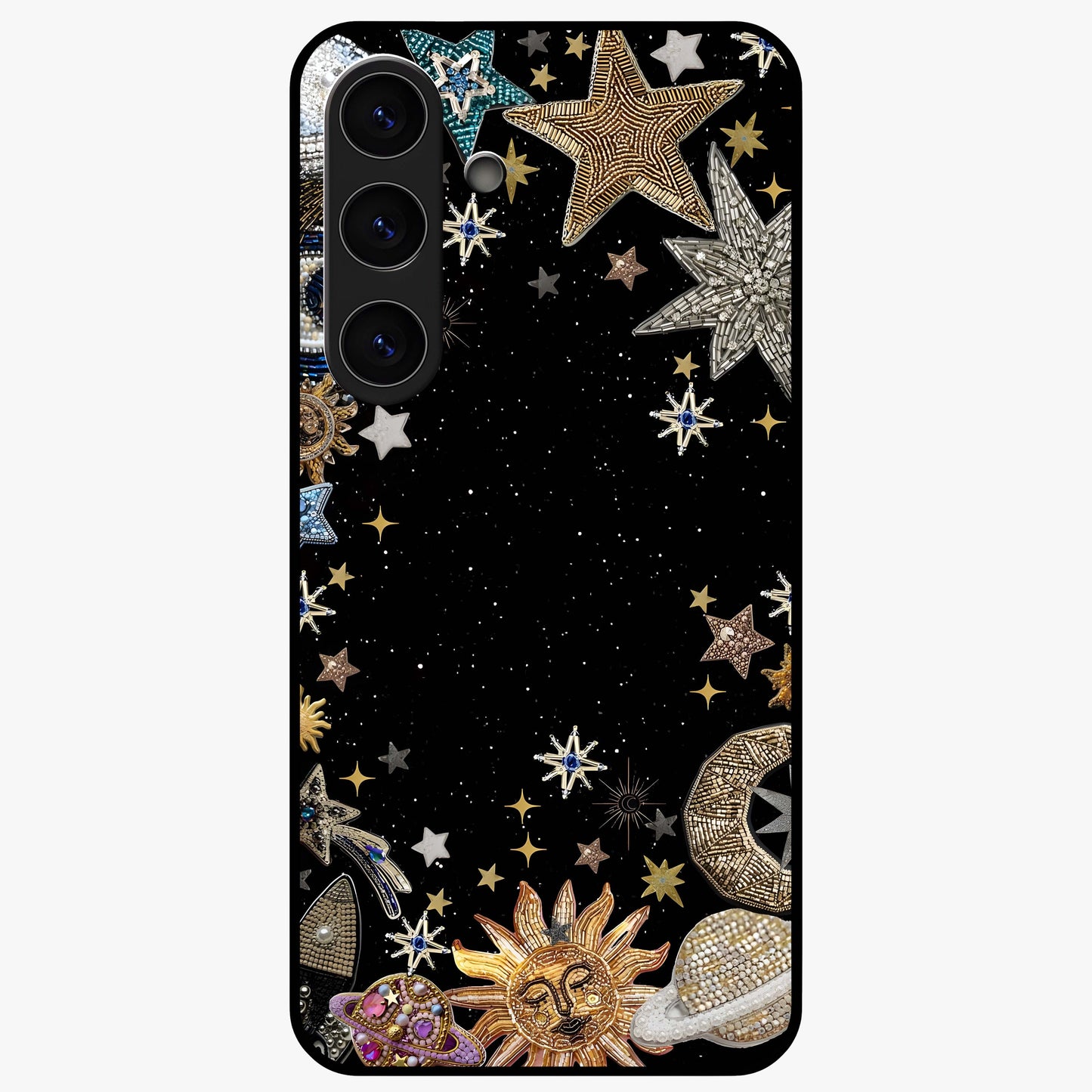 Galactic Jewel Stars Glass Case showing flat back view with sparkling star jewel artwork and glossy glass finish.