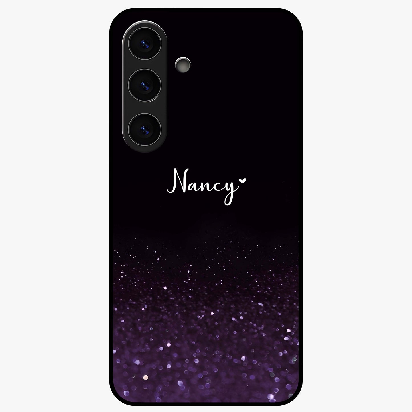 Glittery Purple Bokeh Custom Name Glass Case showing flat back view with purple bokeh sparkle artwork and personalized name design.