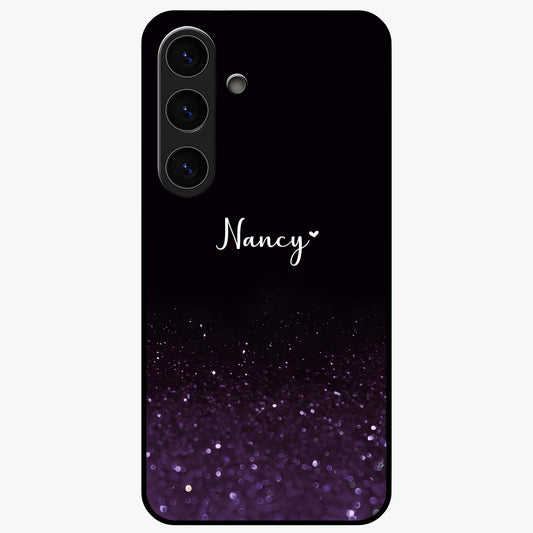 Glittery Purple Bokeh Custom Name Glass Case showing flat back view with purple bokeh sparkle artwork and personalized name design.