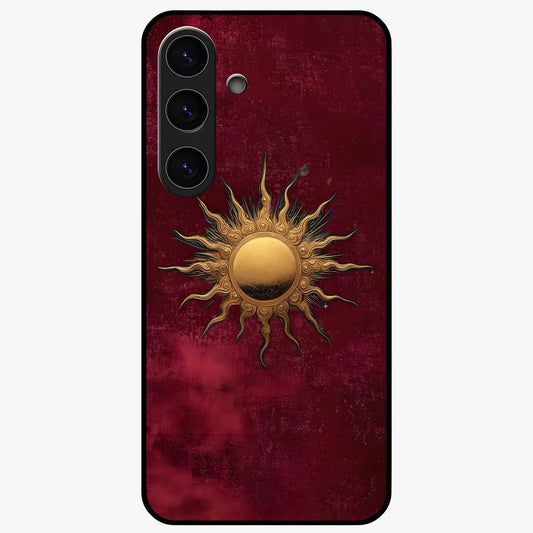 Gold Sun Blush Glass Case showing flat back view with golden sun inspired artwork and glossy glass finish.
