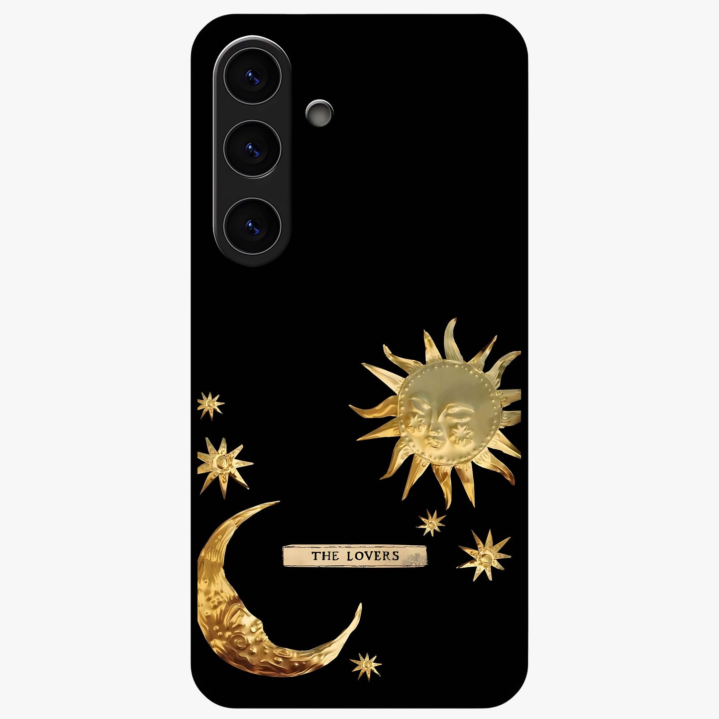 Golden Celestial Charm Glass Case showing flat back view with golden celestial charm artwork and glossy glass finish.