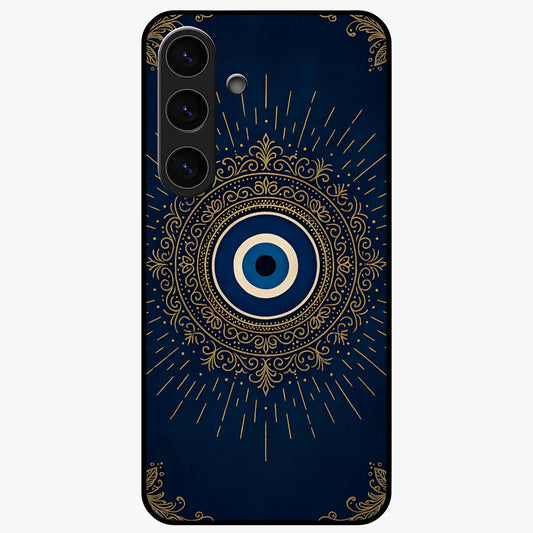 Golden Evil Eye Mandala Glass Case showing flat back view with intricate evil eye mandala artwork and glossy glass finish.