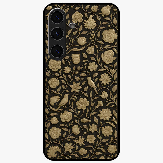 Golden Floral Majesty Glass Case showing flat back view with luxurious golden floral artwork and glossy glass finish.