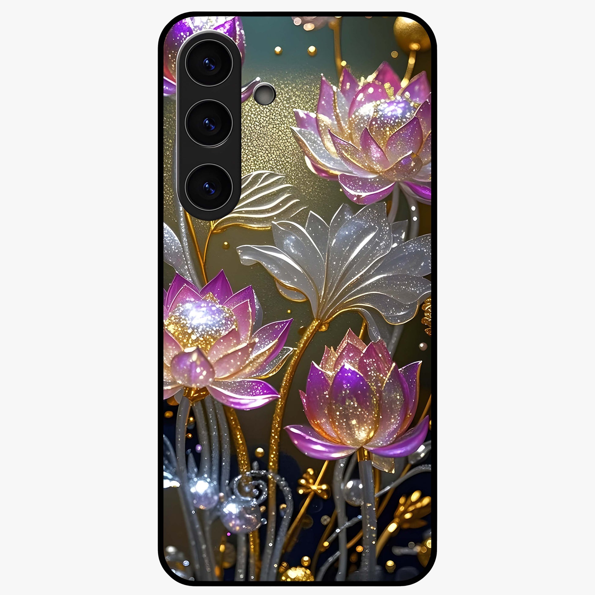 Golden Lotus Glow Glass Case showing flat back view with glowing lotus flower artwork and glossy glass finish.