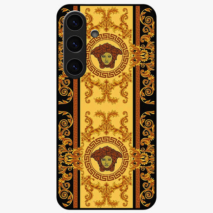 Golden Royal Heritage Glass Case showing flat back view with ornate royal pattern artwork and glossy glass finish.