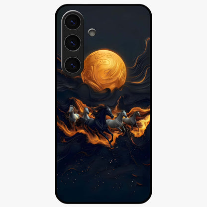 Golden Stallion Moonride Glass Case showing flat back view with majestic horse under moonlight artwork and glossy glass finish.