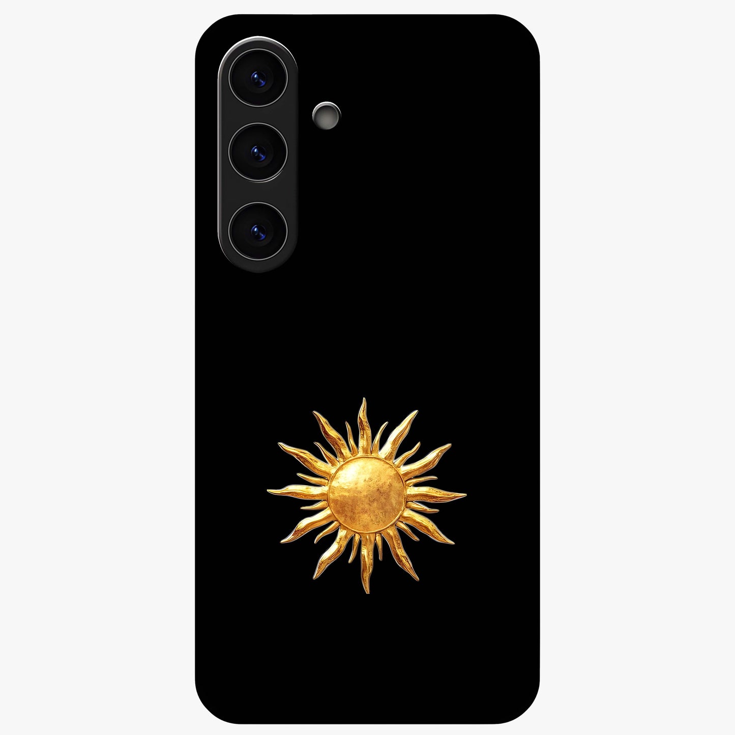 Golden Sun Minimalism Glass Case showing flat back view with minimal golden sun artwork and glossy glass finish.