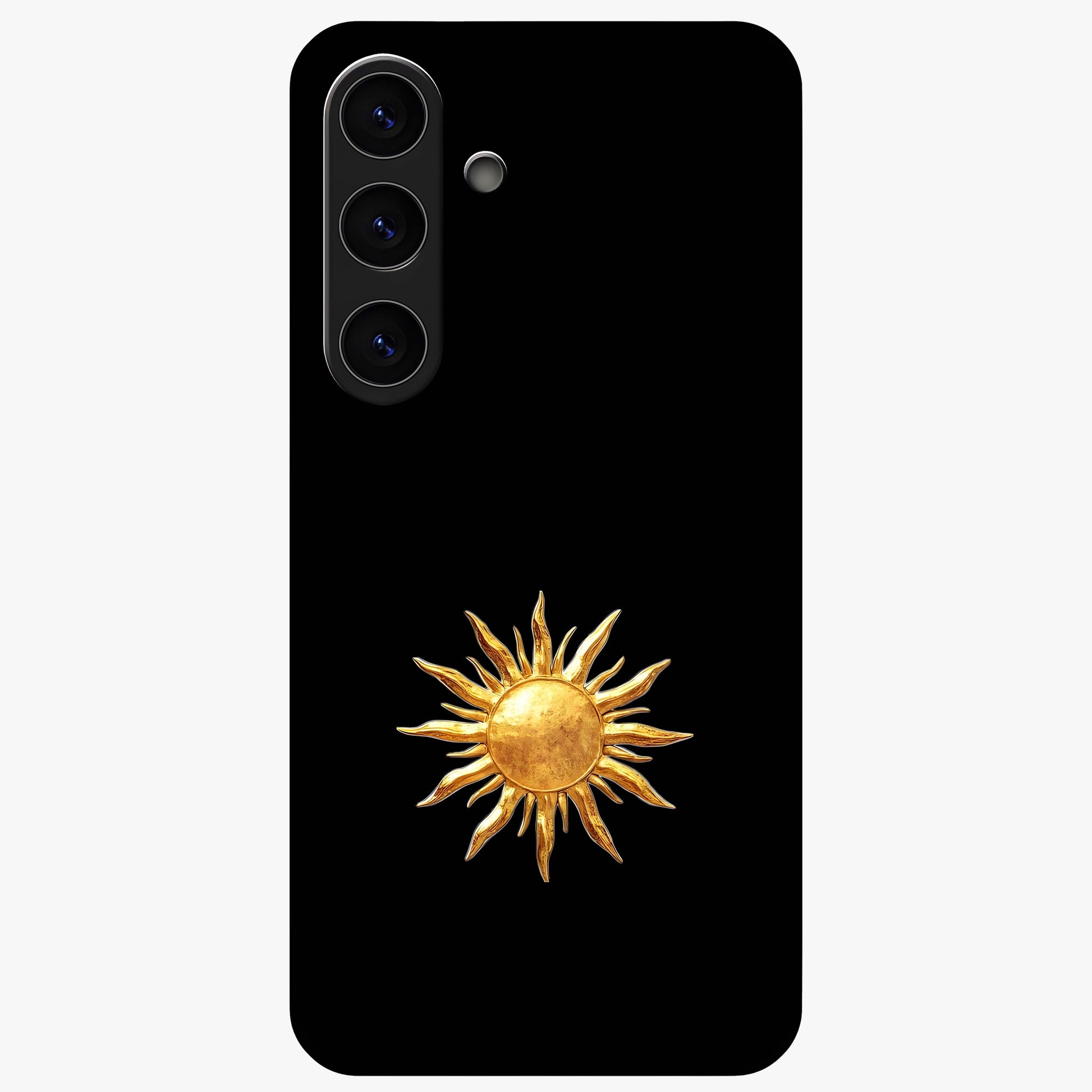 Golden Sun Minimalism Glass Case showing flat back view with minimal golden sun artwork and glossy glass finish.