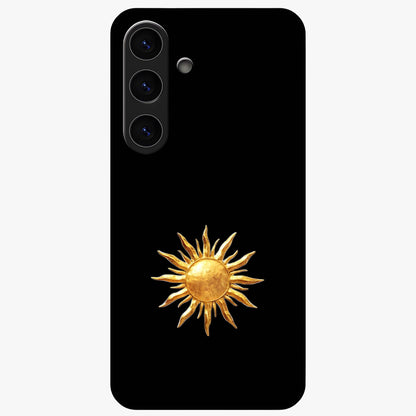 Golden Sun Minimalism Glass Case showing flat back view with minimal golden sun artwork and glossy glass finish.