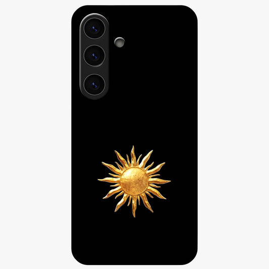 Golden Sun Minimalism Glass Case showing flat back view with minimal golden sun artwork and glossy glass finish.