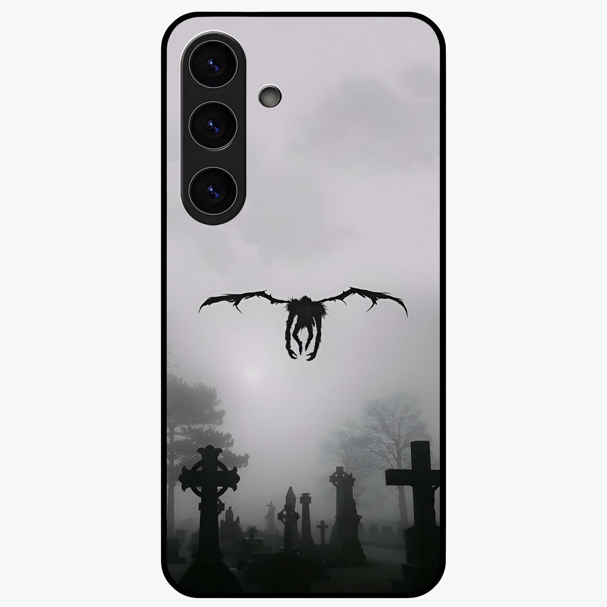 Graveyard Shadow Descent Glass Case showing flat back view with dark graveyard themed artwork and glossy glass finish.