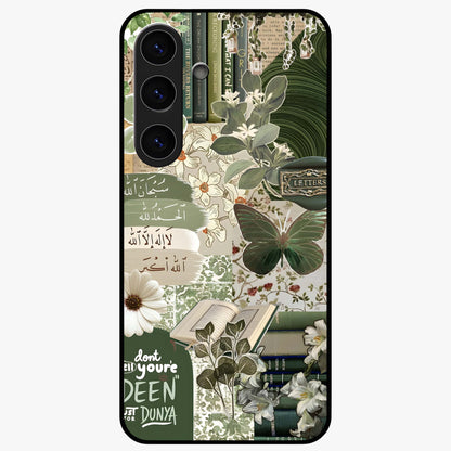 Green Islamic Books Quotes Glass Case showing flat back view with Islamic quotes and book themed artwork and glossy glass finish.