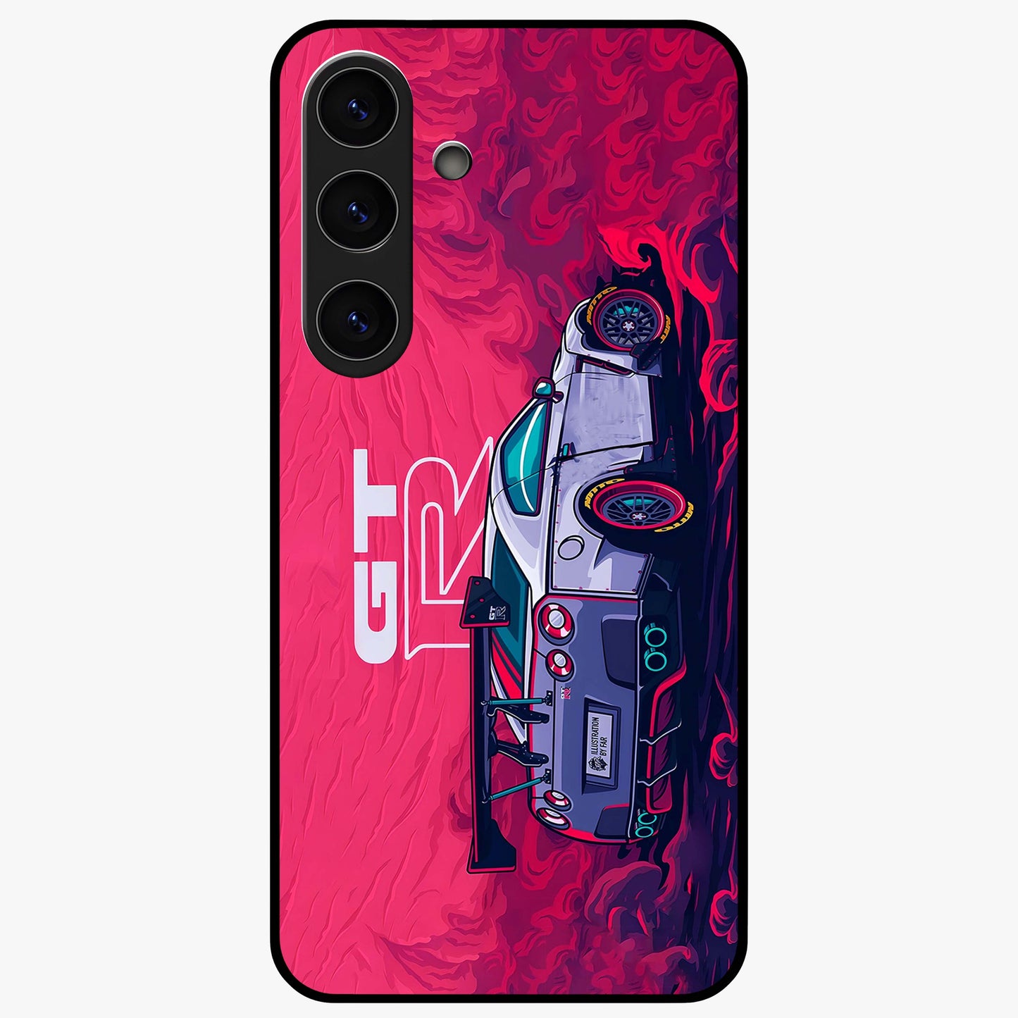 GT-R Car Pattern Glass Case showing flat back view with sporty car inspired pattern artwork and glossy glass finish.