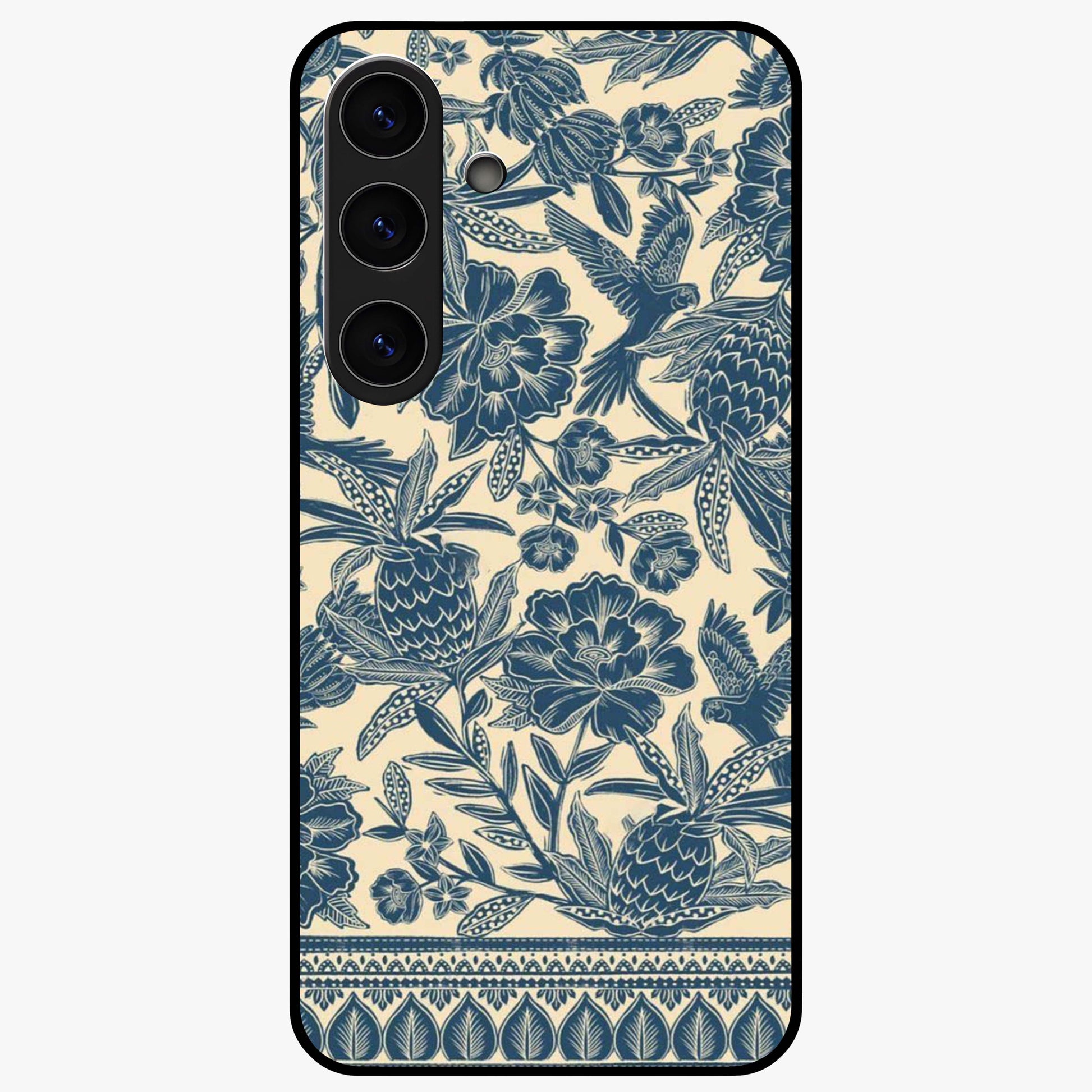 Heirloom Wild Bloom Glass Case showing flat back view with vintage inspired wild flower artwork and glossy glass finish.