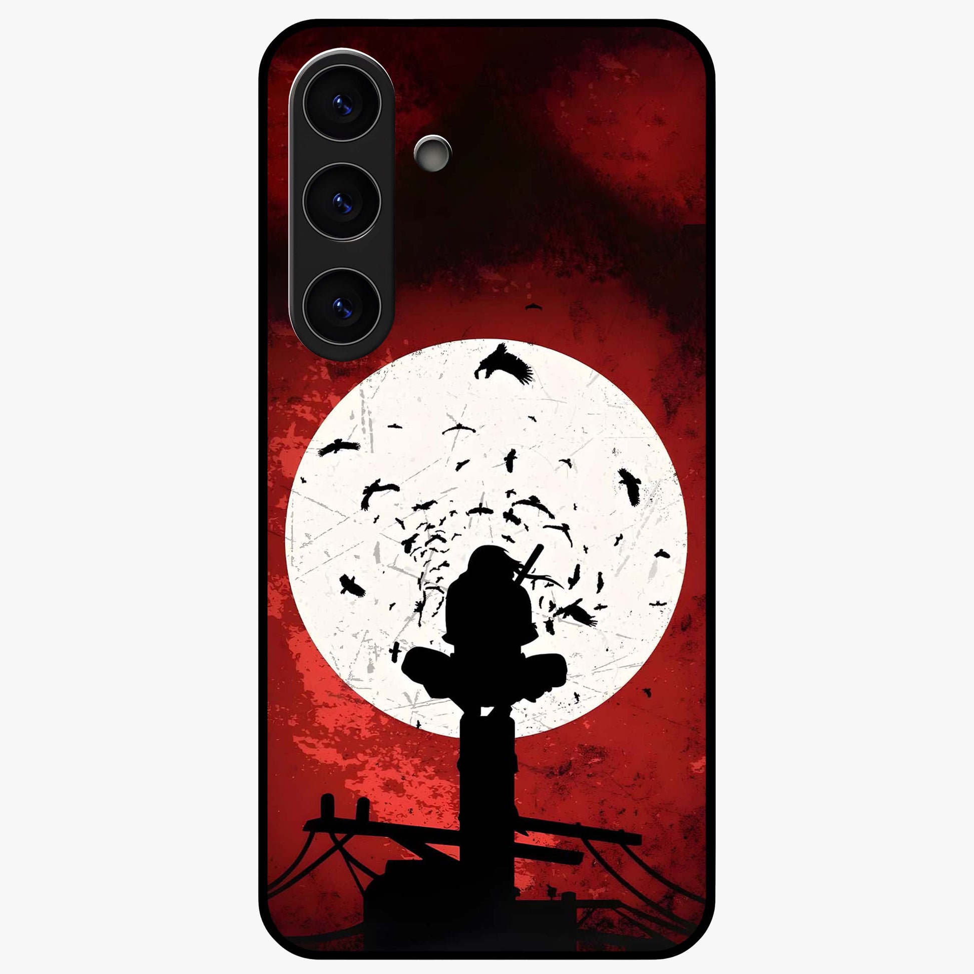 Itachi Sharingan Glass Case showing flat back view with powerful anime eye artwork and glossy glass finish.