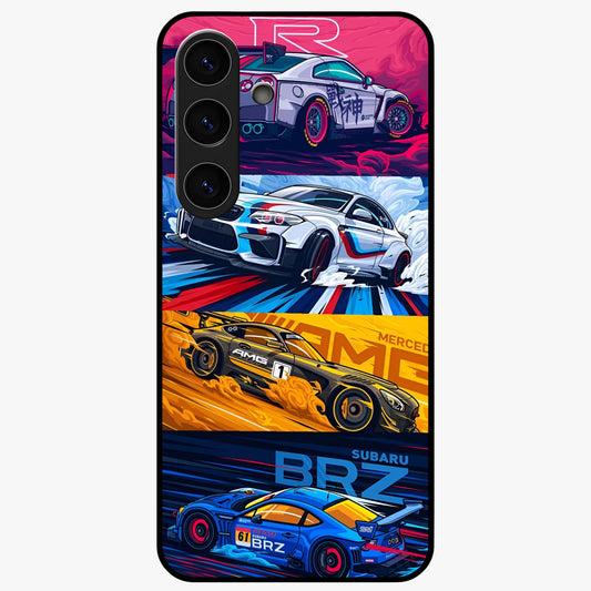 JDM Sports Car Glass Case showing flat back view with high performance sports car artwork and glossy glass finish.