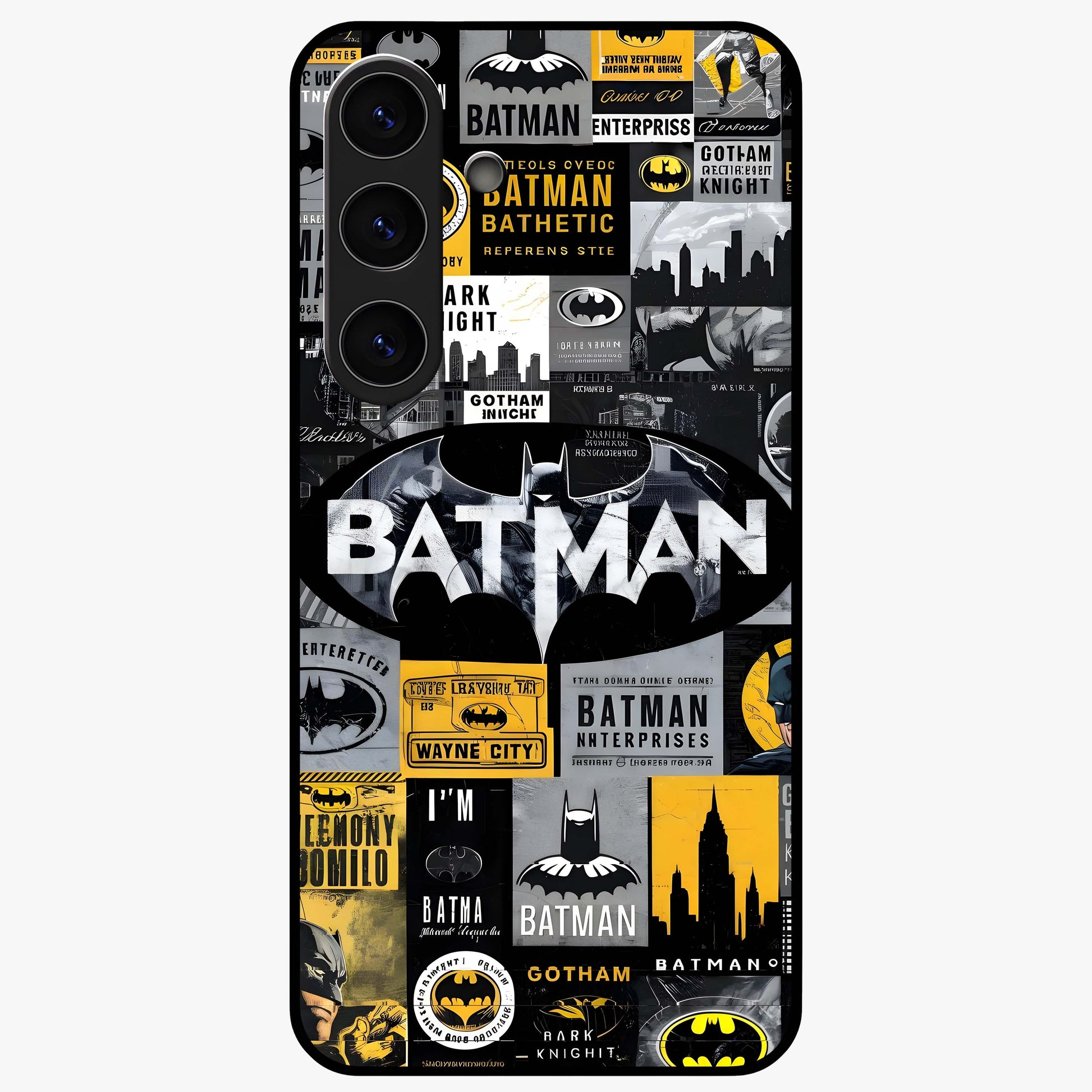 Knight Gotham Rise Glass Case showing flat back view with dark hero inspired artwork and glossy glass finish.