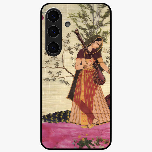 Lady With Veena Art Glass Case showing flat back view with elegant woman playing veena artwork and glossy glass finish.