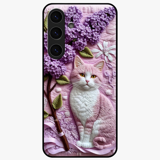Lavender Cat Whimsy Glass Case showing flat back view with cute lavender cat artwork and glossy glass finish.