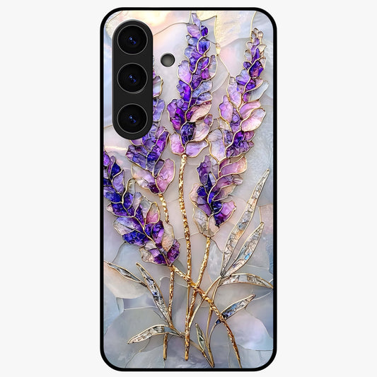 Lavender Dream Glow Glass Case showing flat back view with glowing lavender aesthetic artwork and glossy glass finish.