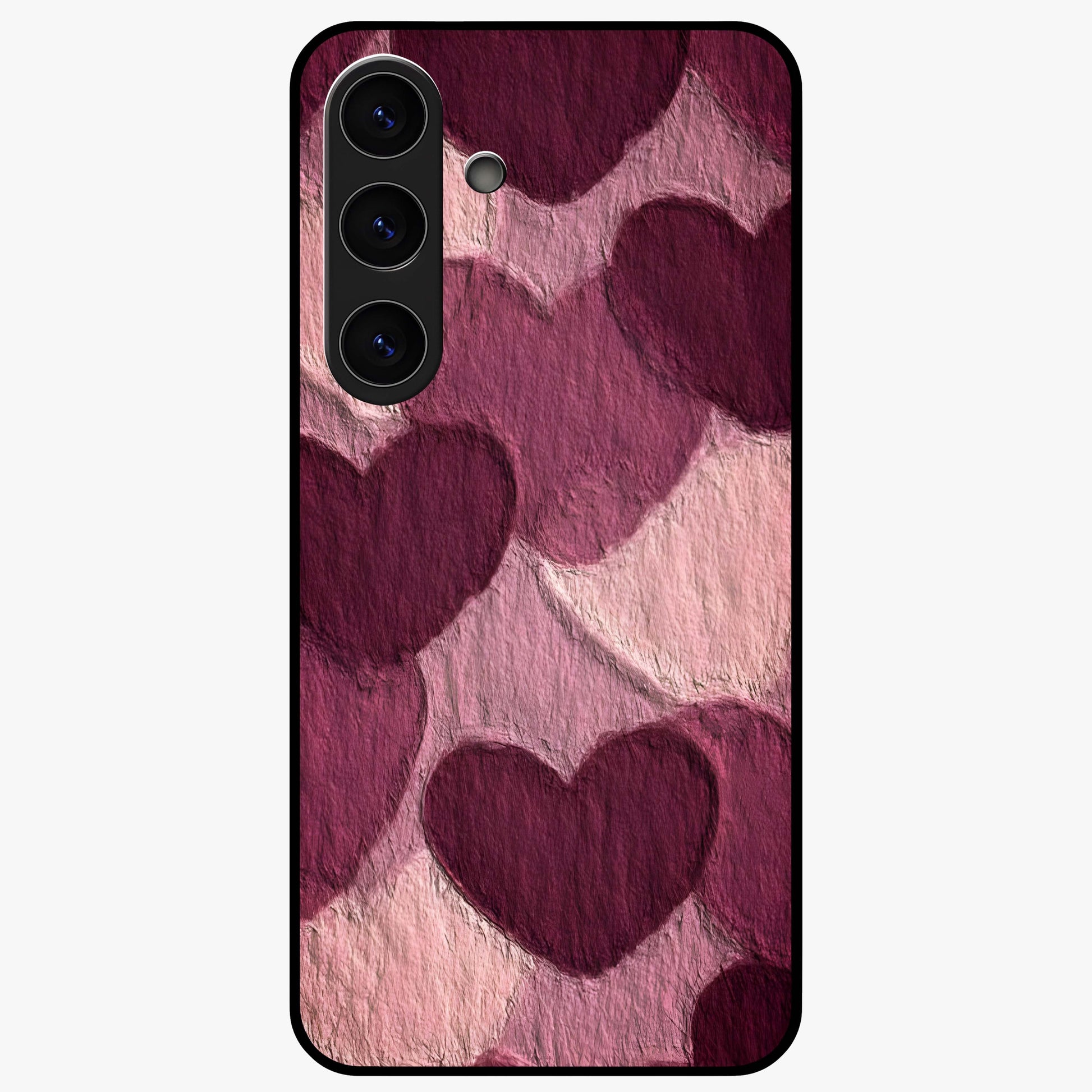 Layered Paper Hearts Glass Case showing flat back view with layered paper heart artwork and glossy glass finish.