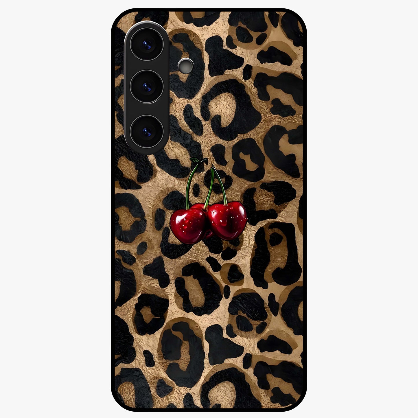 Leopard Wild Cherry Glass Case showing flat back view with leopard pattern and cherry artwork and glossy glass finish.
