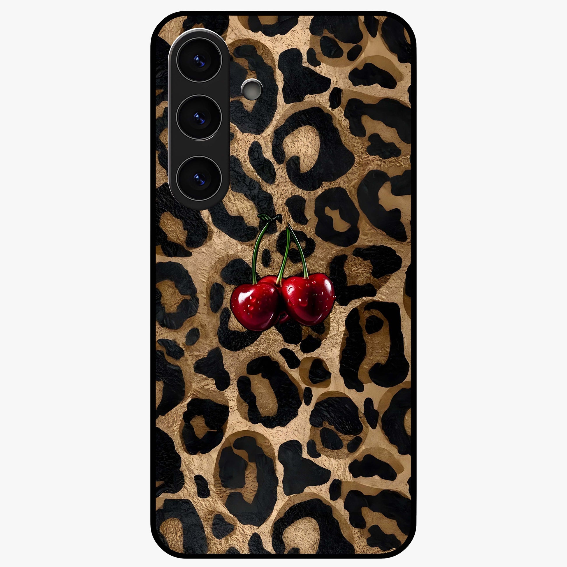 Leopard Wild Cherry Glass Case showing flat back view with leopard pattern and cherry artwork and glossy glass finish.