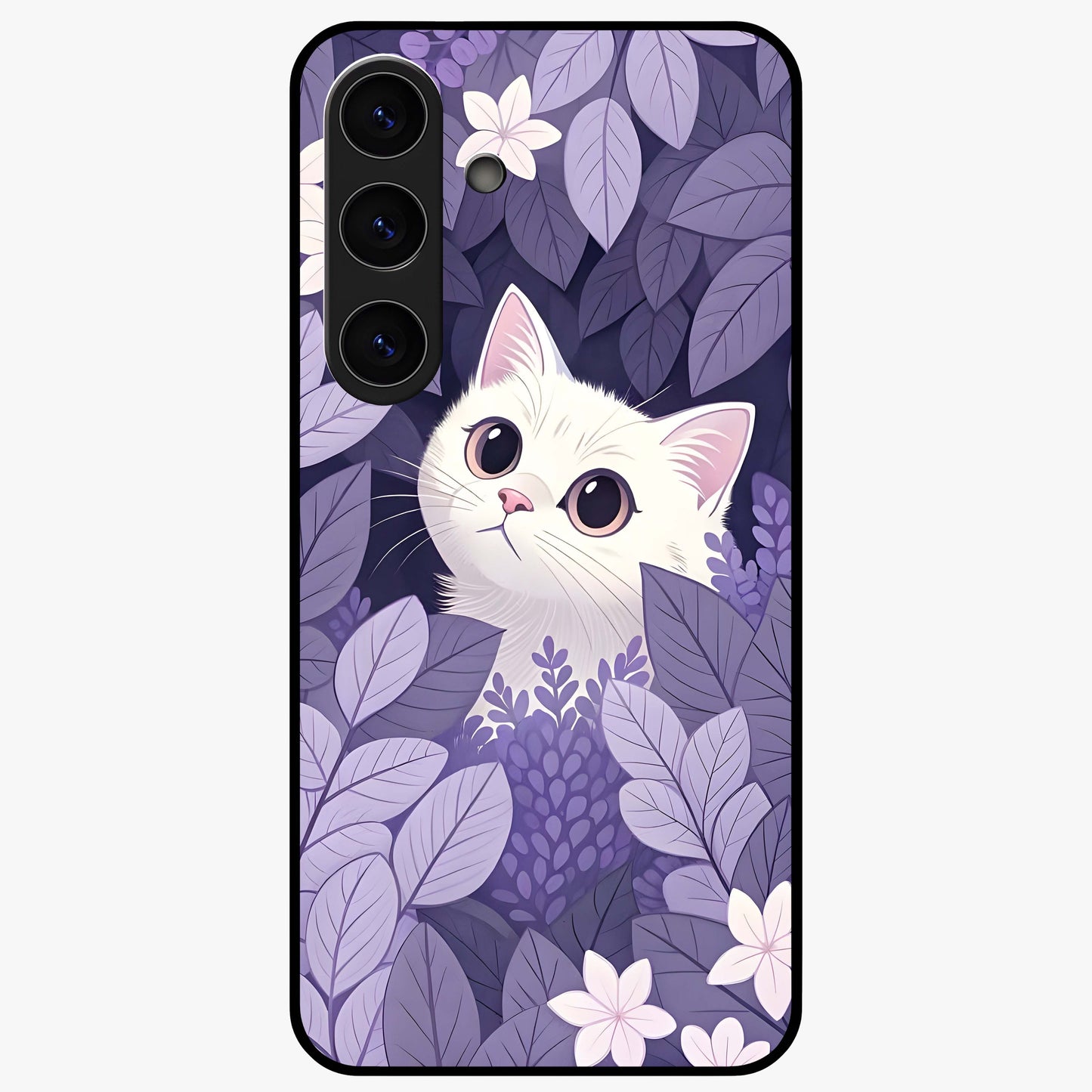 Lilac Hide Peek Cat Glass Case showing flat back view with cute peeking cat artwork and glossy glass finish.
