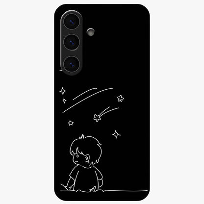 Line Art Boy With Shooting Stars Glass Case showing flat back view with minimal line art boy and shooting stars illustration and glossy glass finish.