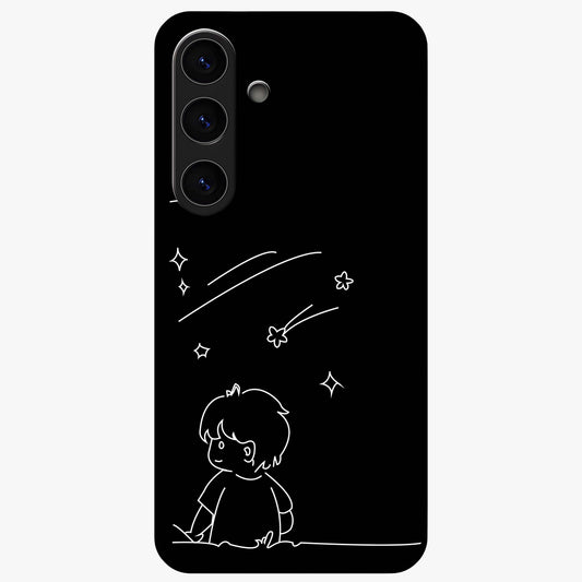 Line Art Boy With Shooting Stars Glass Case showing flat back view with minimal line art boy and shooting stars illustration and glossy glass finish.