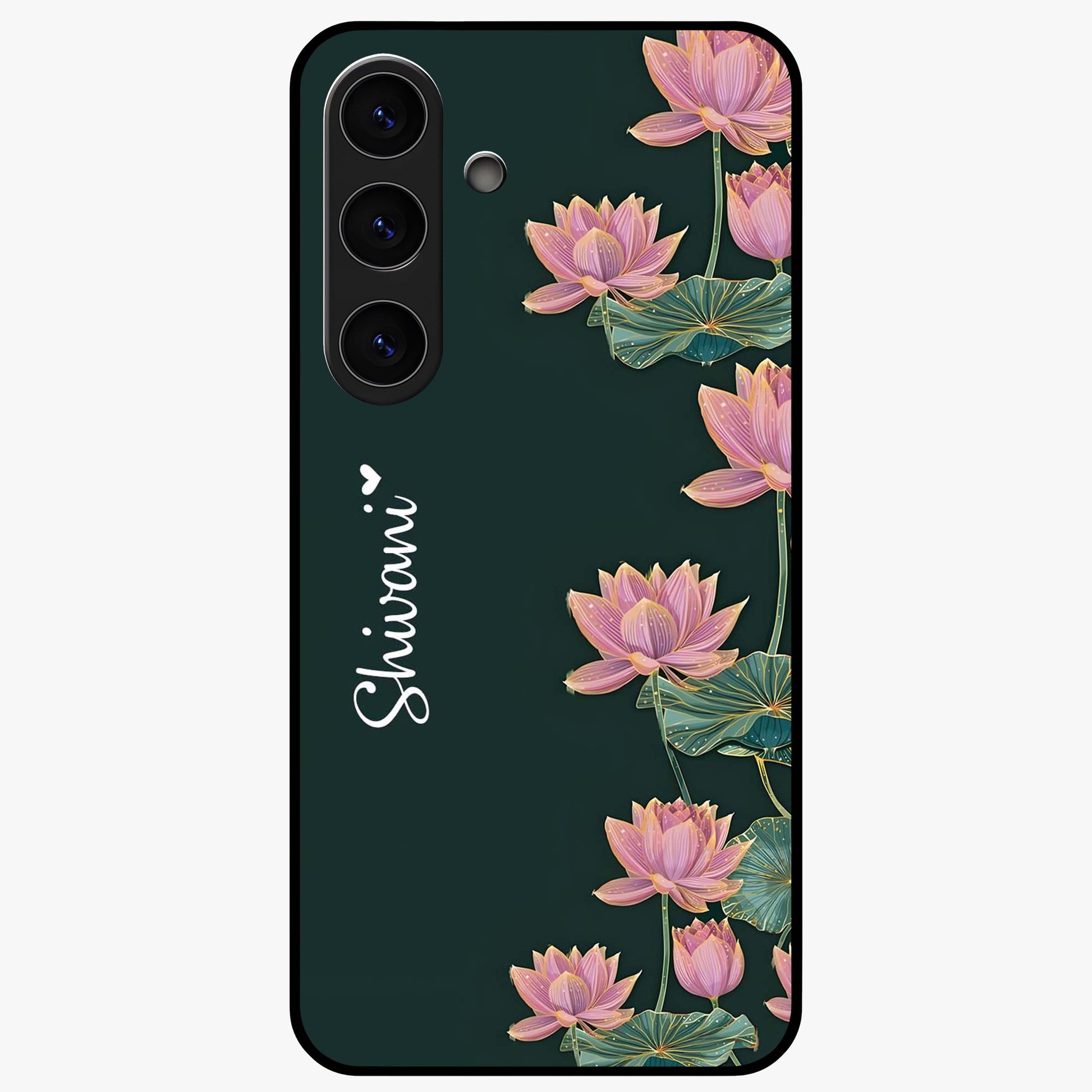 Lotus Bloom Serenity Custom Name Glass Case showing flat back view with elegant lotus flower artwork and personalized name design.