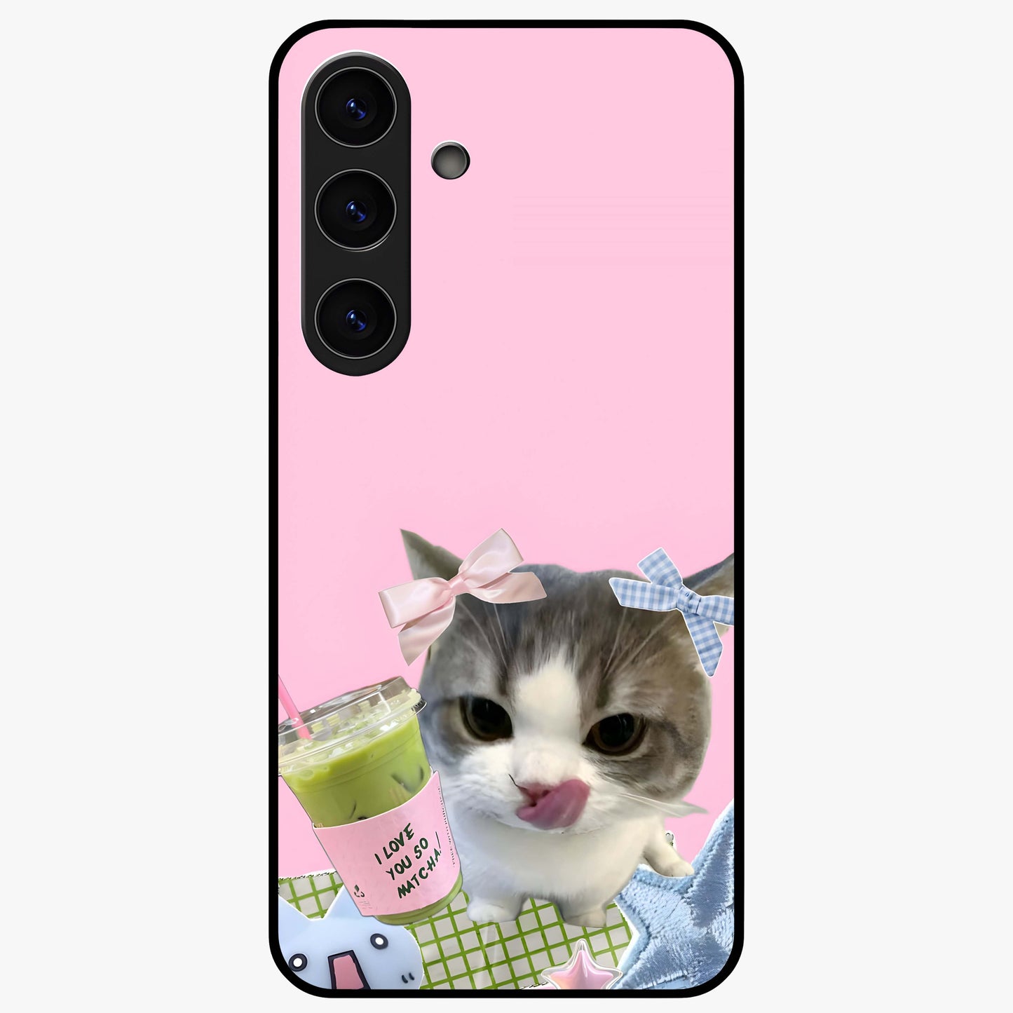 Love Matcha Cat Glass Case showing flat back view with cute cat and matcha themed artwork and glossy glass finish.