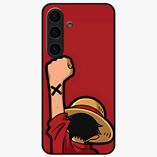 Luffy X Spirit Glass Case showing flat back view with bold anime character artwork and glossy glass finish.