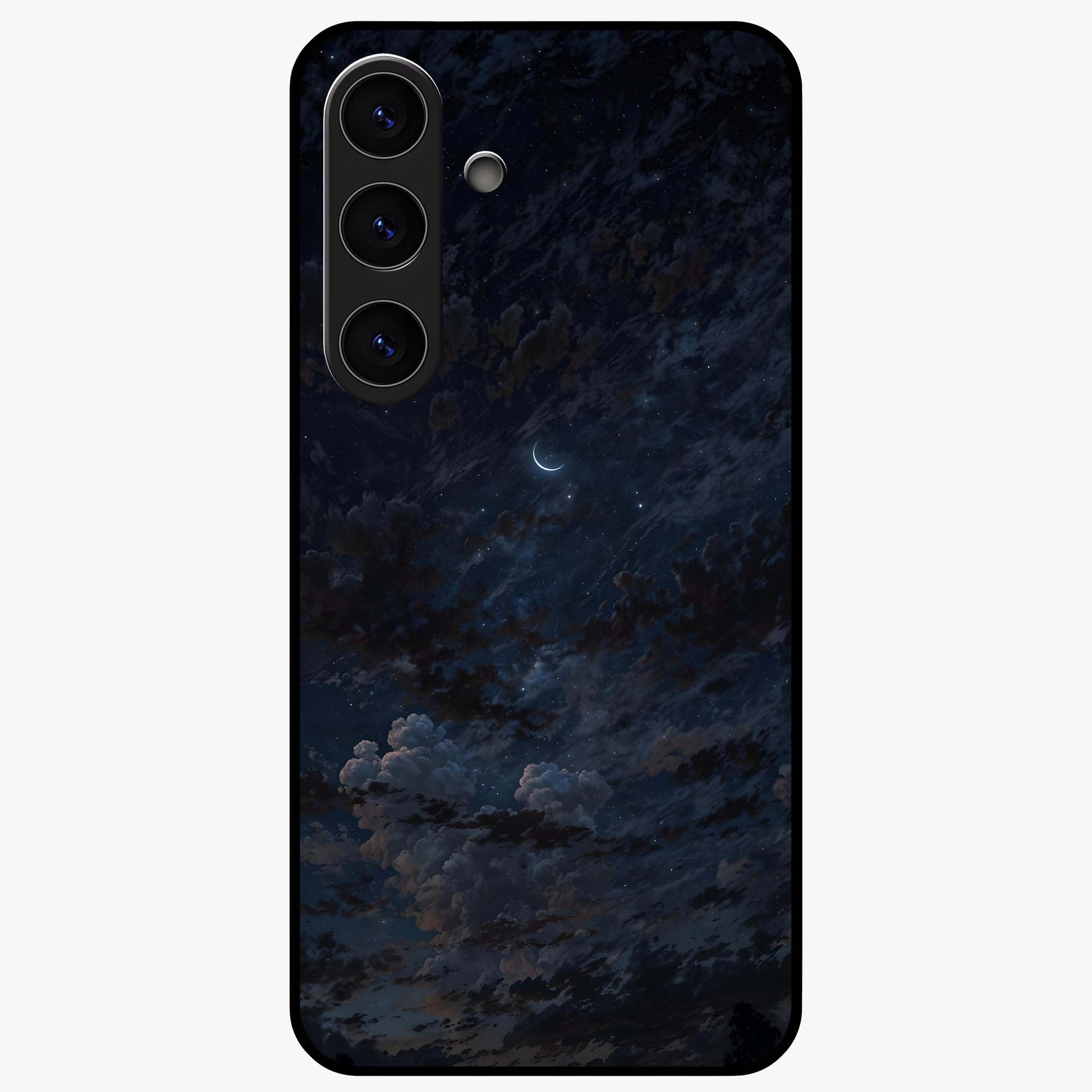 Lunar Veil Silence Glass Case showing flat back view with mystical moon veil artwork and glossy glass finish.