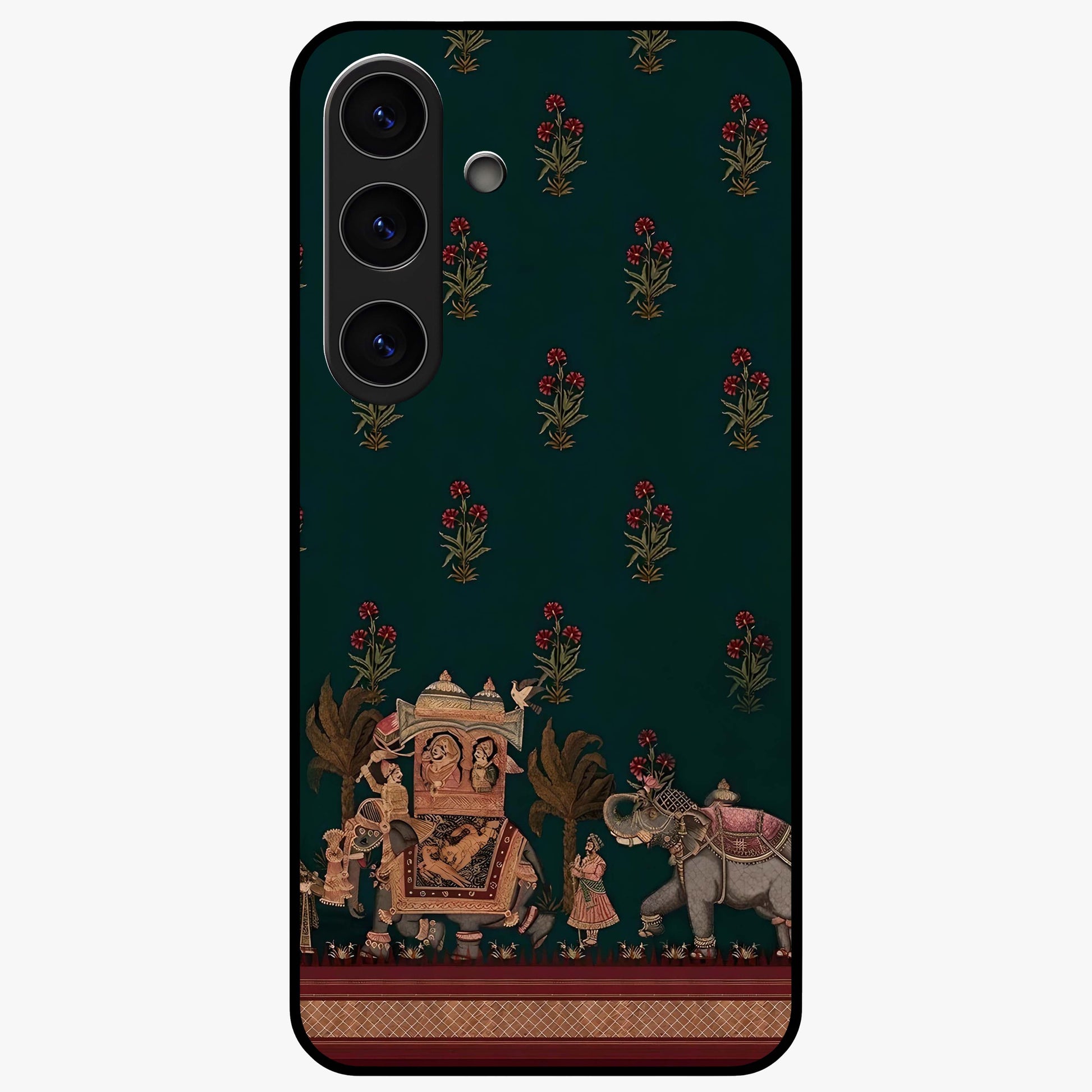 Macmerise Glass Case showing flat back view with stylish modern artwork and glossy glass finish.