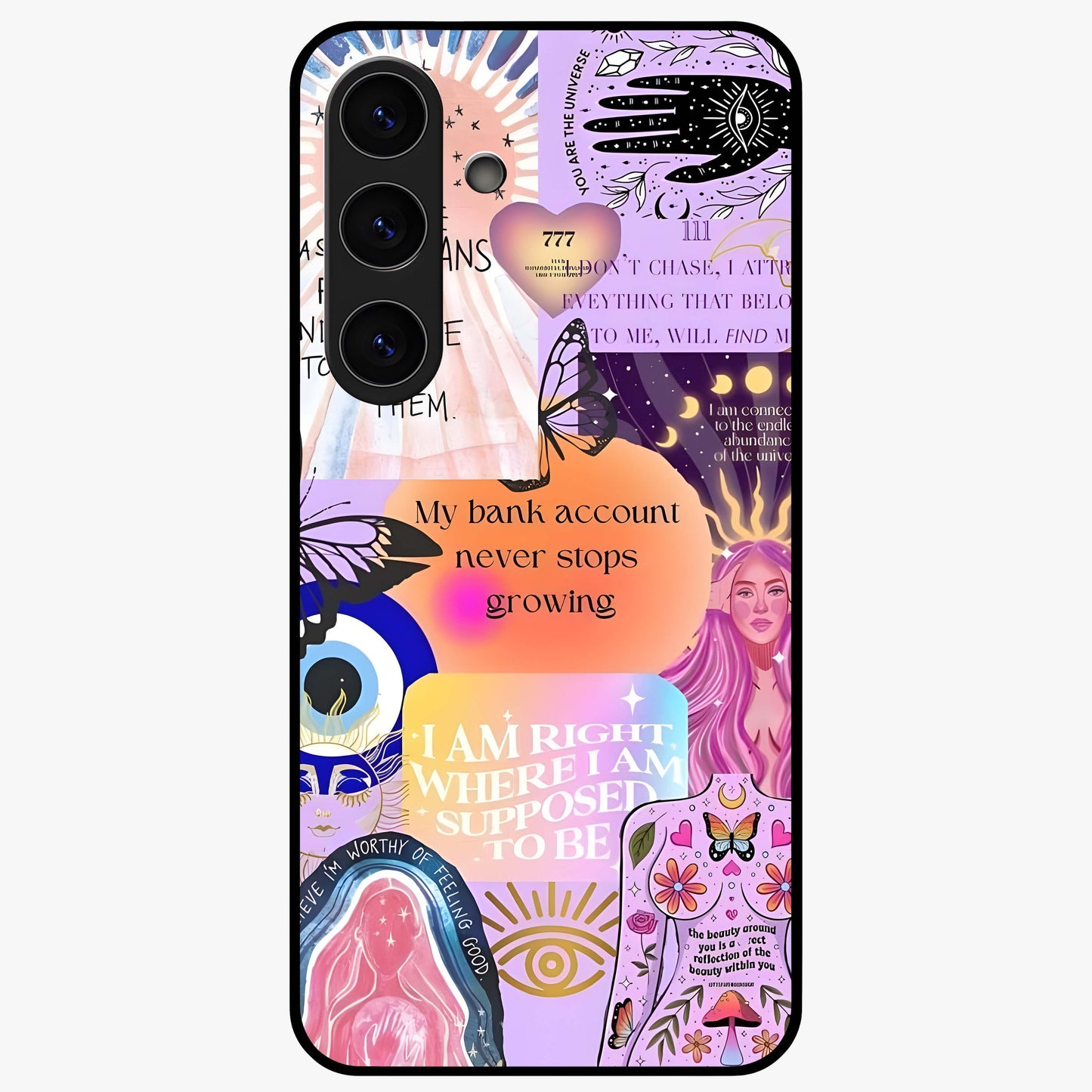 Manifestation Collage Glass Case showing flat back view with motivational collage artwork and glossy glass finish.