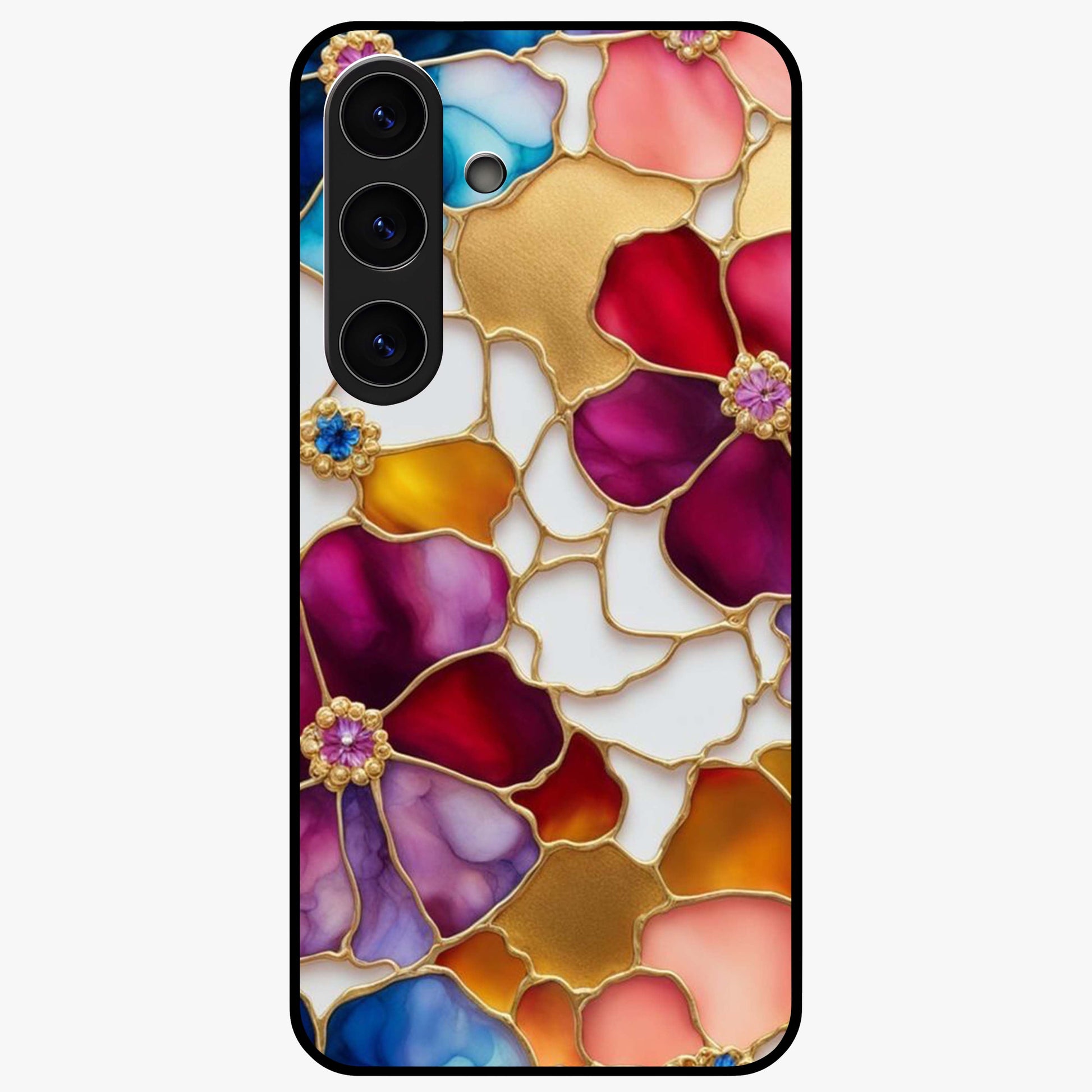 Marble Flower Pattern Glass Case showing flat back view with marble texture floral artwork and glossy glass finish.