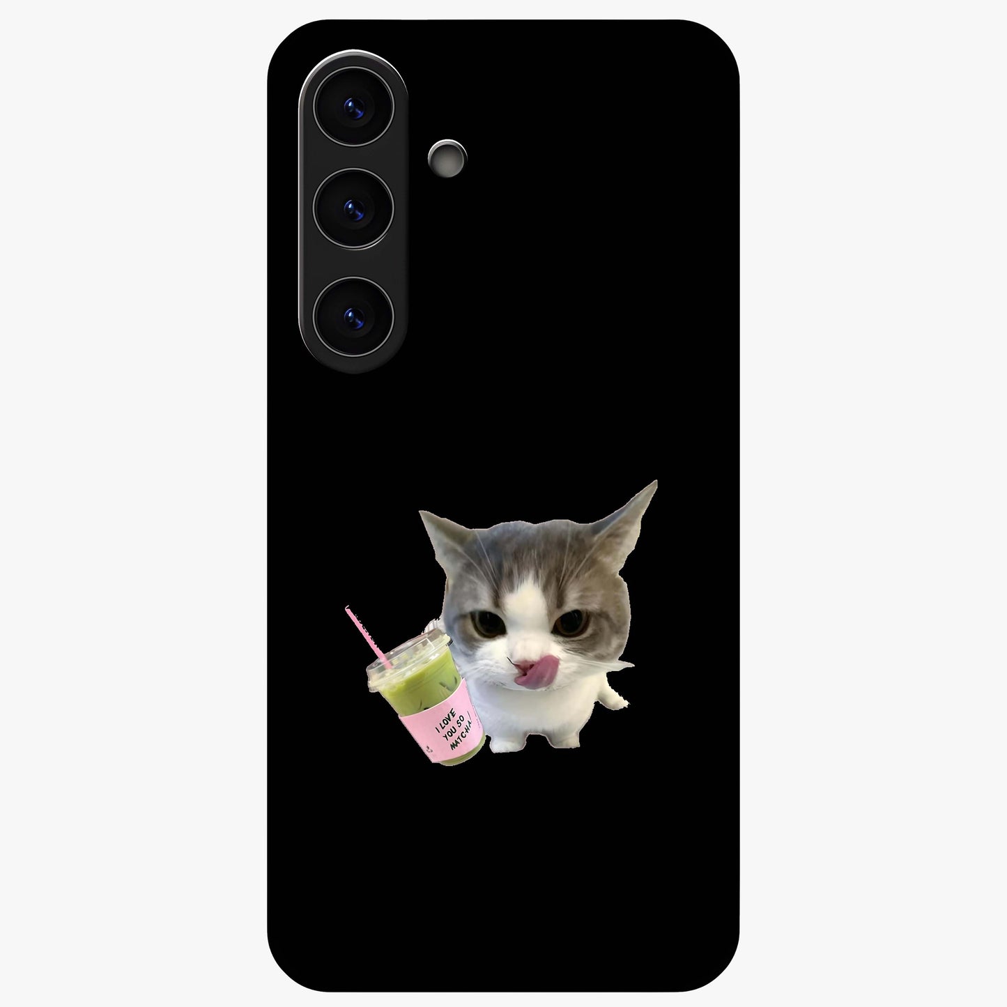 Matcha Cat Style Glass Case showing flat back view with cute matcha themed cat artwork and glossy glass finish.