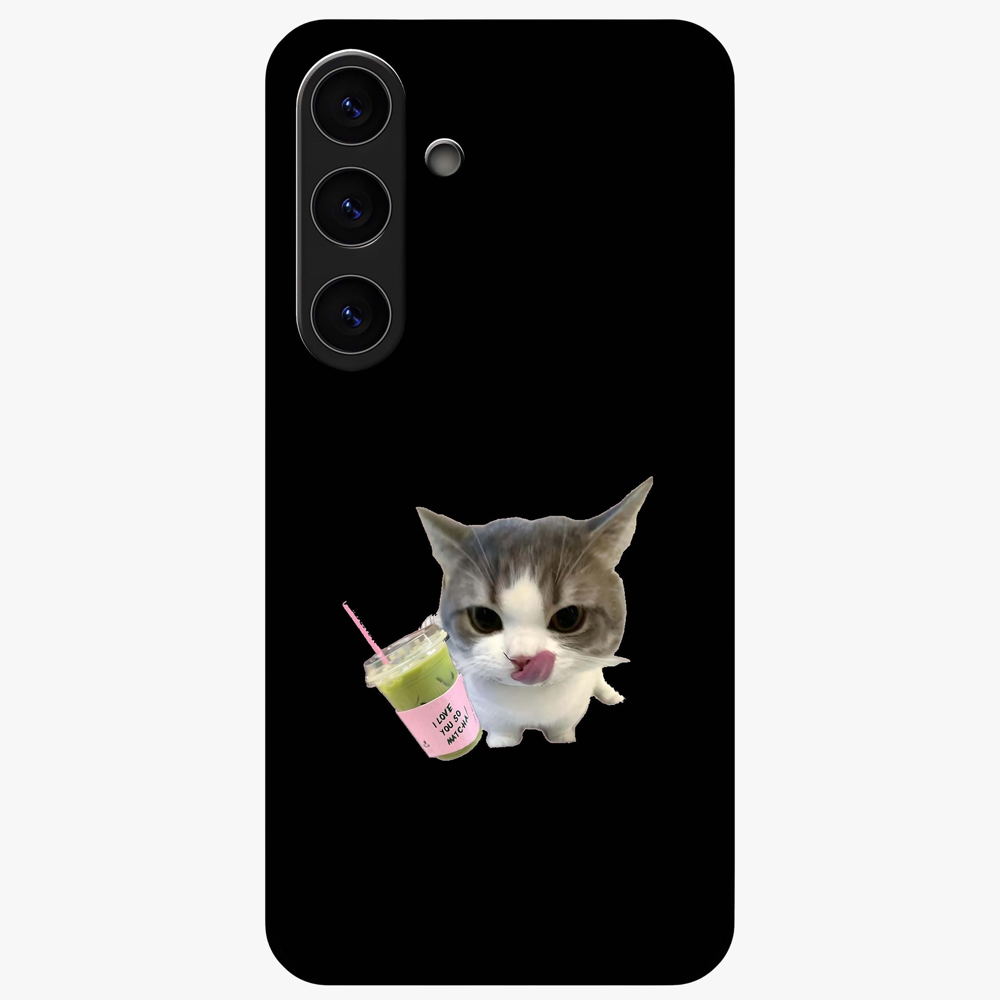 Matcha Cat Style Glass Case showing flat back view with cute matcha themed cat artwork and glossy glass finish.