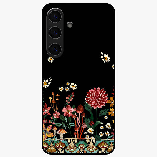 Midnight Bloom Pattern Glass Case showing flat back view with dark floral pattern artwork and glossy glass finish.
