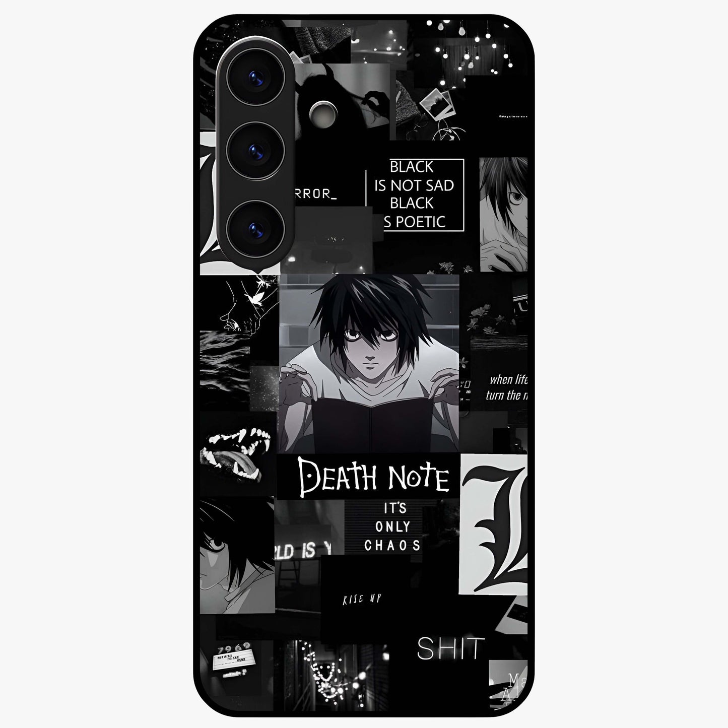 Midnight Chaos Mind Glass Case showing flat back view with abstract dark themed artwork and glossy glass finish.