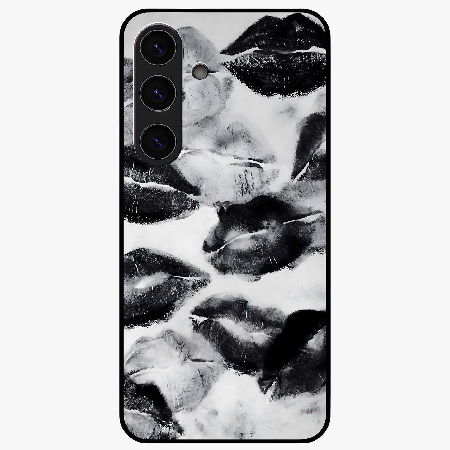 Midnight Kiss Marks Glass Case showing flat back view with lipstick kiss mark artwork and glossy glass finish.
