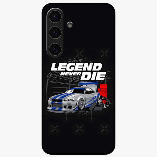 Midnight Racing Legacy Glass Case showing flat back view with sleek racing inspired artwork and glossy glass finish.