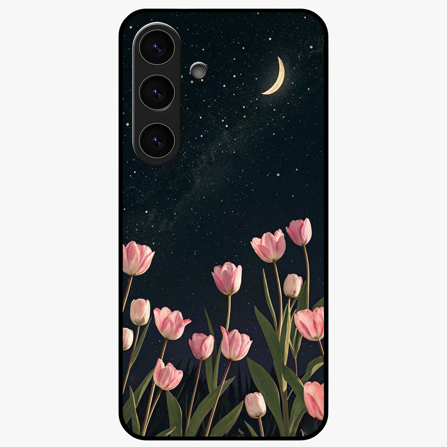Midnight Tulip Whispers Vibe Glass Case showing flat back view with elegant tulip flower artwork and glossy glass finish.