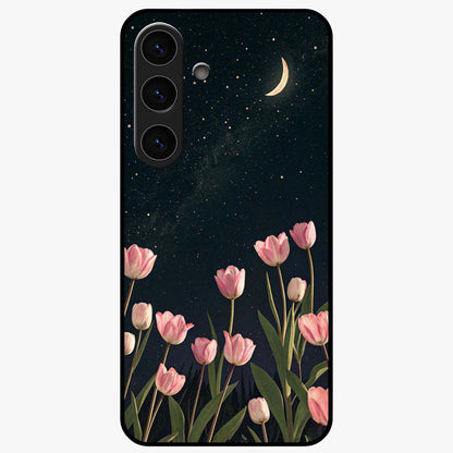 Midnight Tulip Whispers Vibe Glass Case showing flat back view with elegant tulip flower artwork and glossy glass finish.