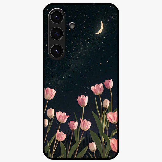 Midnight Tulip Whispers Vibe Glass Case showing flat back view with elegant tulip flower artwork and glossy glass finish.
