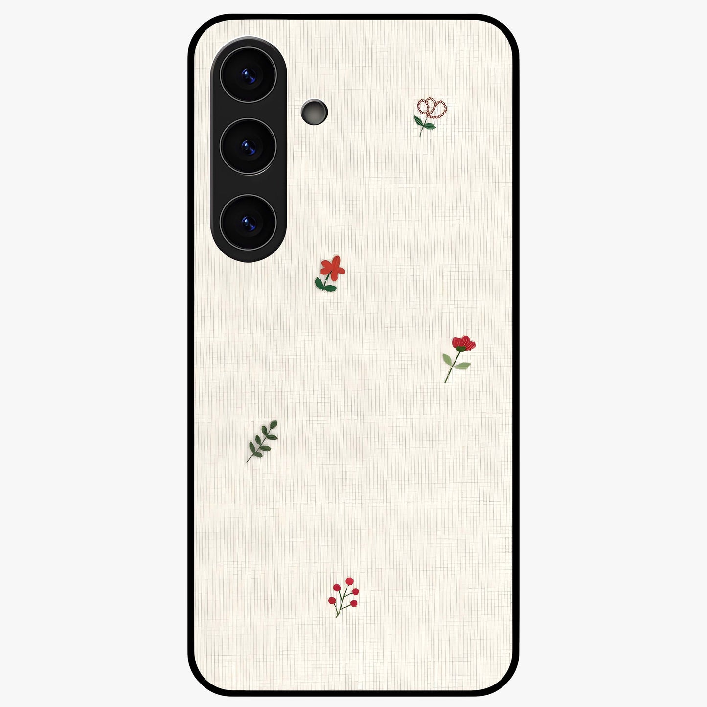 Minimal Petal Whispers Glass Case showing flat back view with soft minimal floral artwork and glossy glass finish.